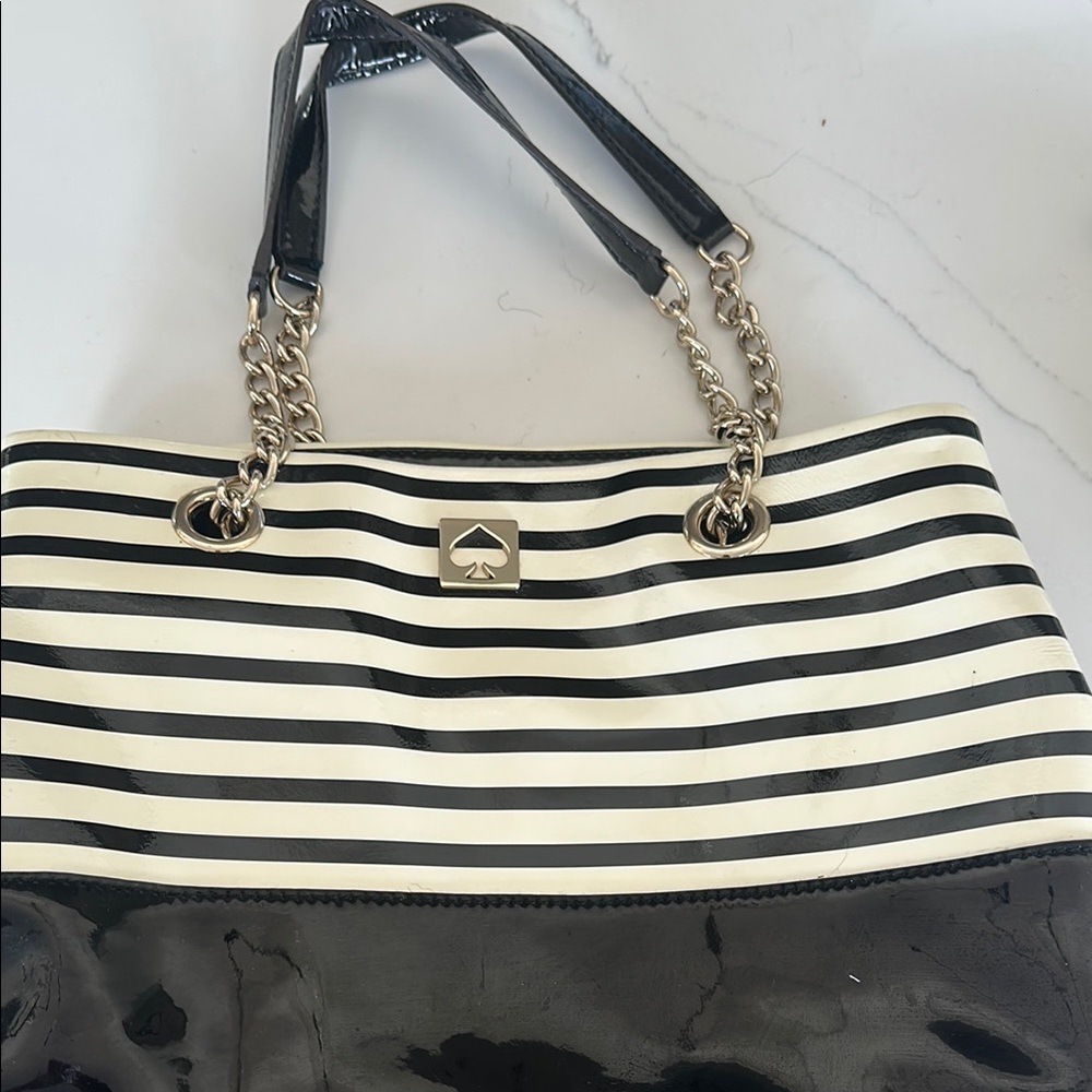 Kate Spade Black and White Striped Tote with Gold Chain Handles